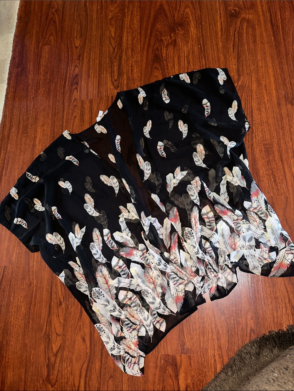 Black Feather-Print Open World Cardigan with White and Soft Pink Accents